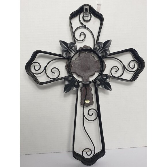 Ornate Metal Wall Cross 16" Bronze Decorative Scrollwork & Fleur-De-Lis Details - Picture 6 of 6